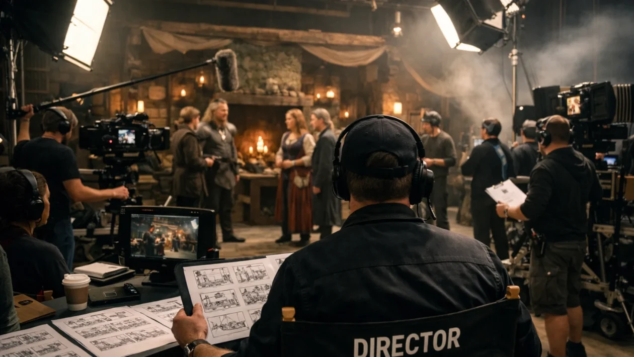 Redatelj na filmskom setu koordinira glumce i ekipu, prikaz uloge režije u profesionalnoj filmskoj produkciji