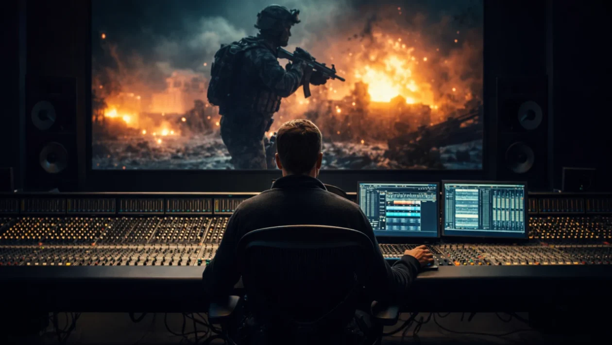 Profesionalni sound design studio s montažom filma, prikaz kako zvuk oblikuje emociju i atmosferu filmske priče