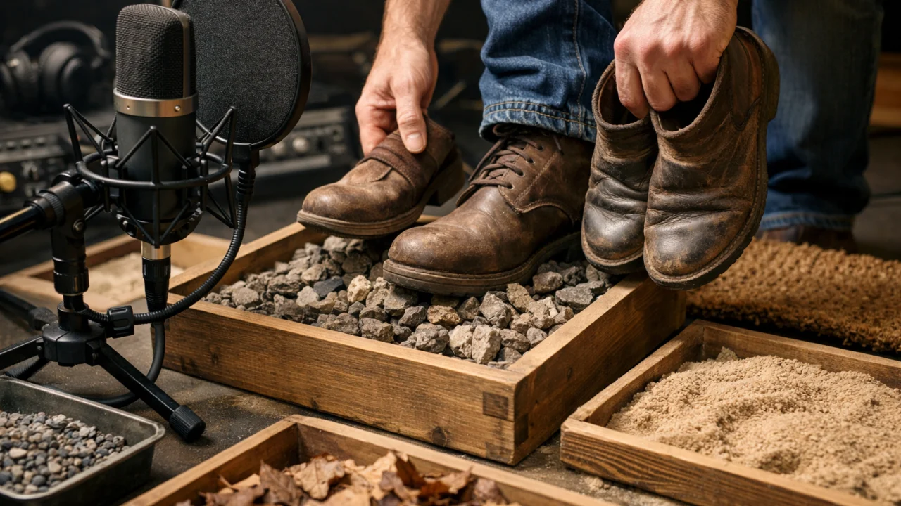 Foley umjetnik snima korake i zvučne efekte za film, prikaz procesa sound designa u postprodukciji