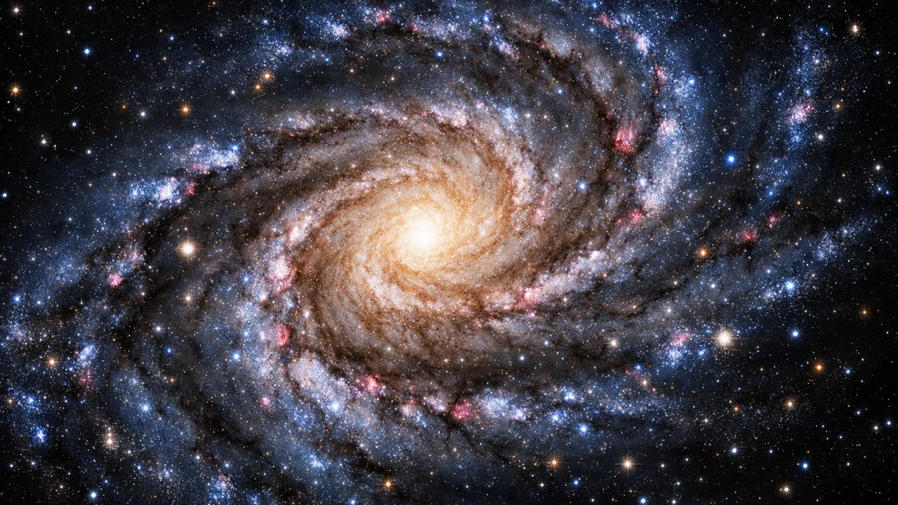 Spiralna galaksija s jasno vidljivim zvijezdama i plinskim oblacima u dubokom svemiru