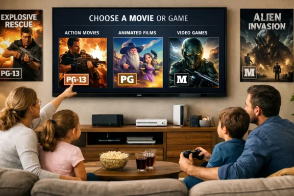 Dobni rating filmova i videoigara u modernom dnevnom boravku s jasno vidljivim dobnih oznakama za odabir sadržaja