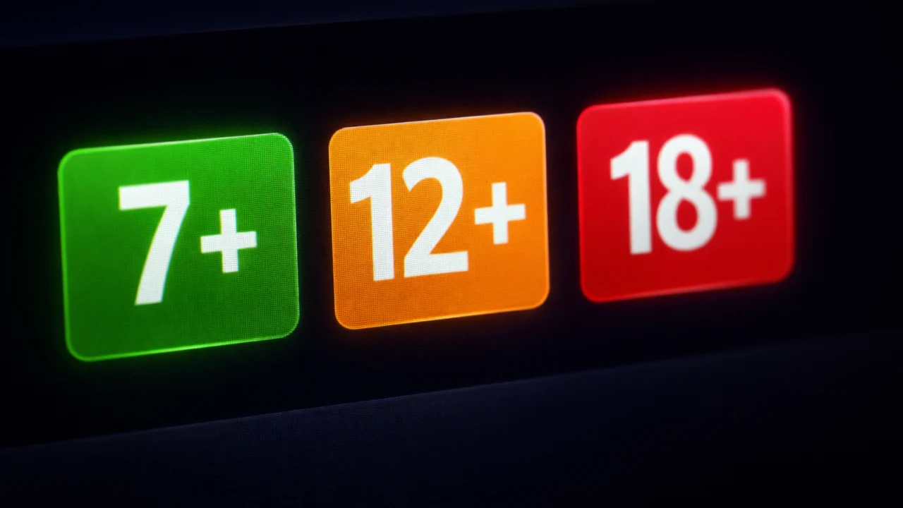 Primjeri dobnih oznaka 7+, 12+ i 18+ na digitalnom sučelju koji objašnjavaju kako funkcionira dobni rating