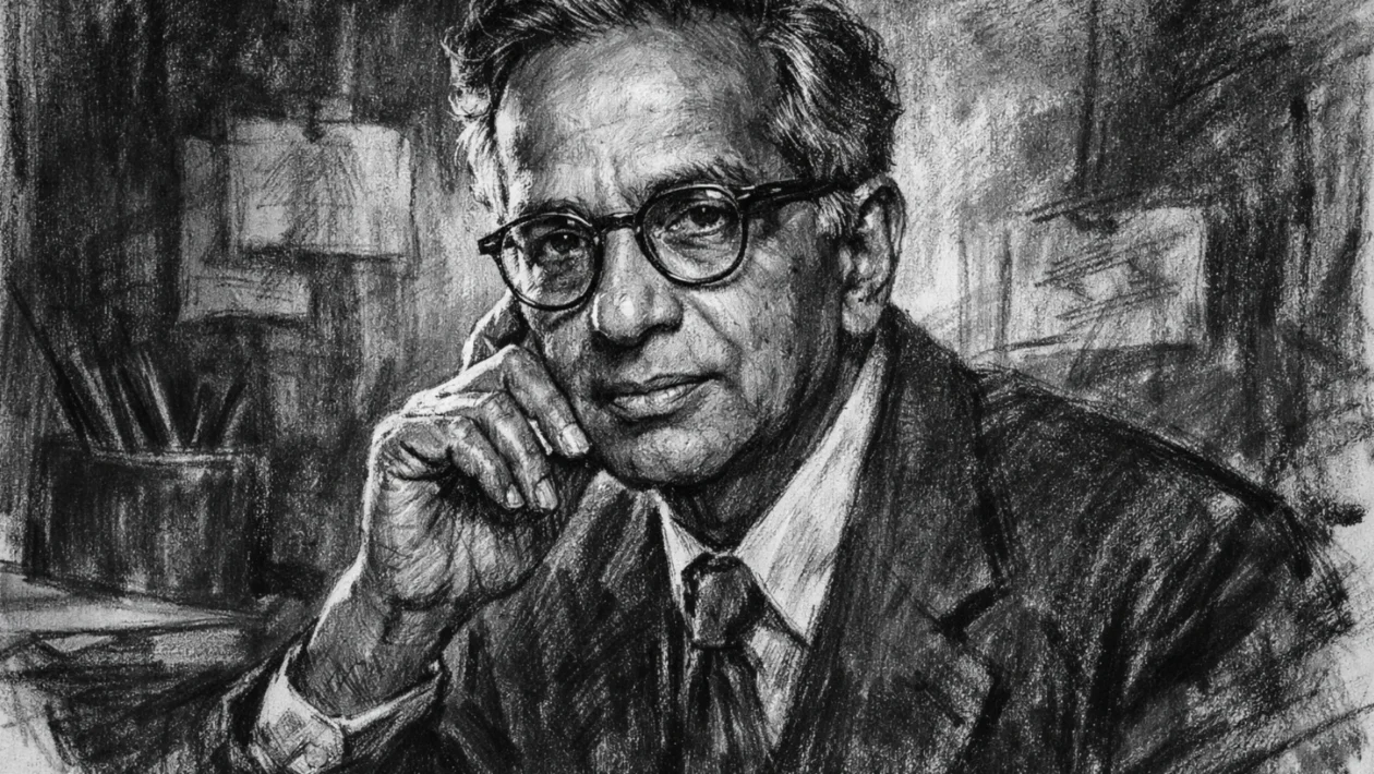 Portret Subrahmanyana Chandrasekhara u ugalj stilu, crno-bijeli portret s izražajnim linijama.