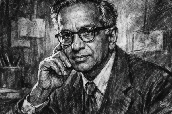 Portret Subrahmanyana Chandrasekhara u ugalj stilu, crno-bijeli portret s izražajnim linijama.