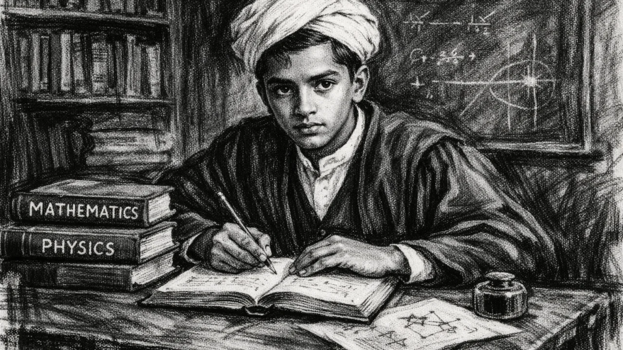 Mladi Subrahmanyan Chandrasekhar tijekom školovanja u Indiji, prikazan u ugalj stilu.