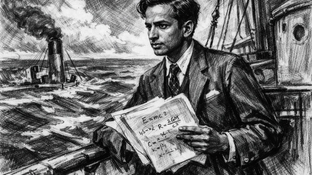 Subrahmanyan Chandrasekhar na putovanju prema Europi, scena u ugalj stilu.
