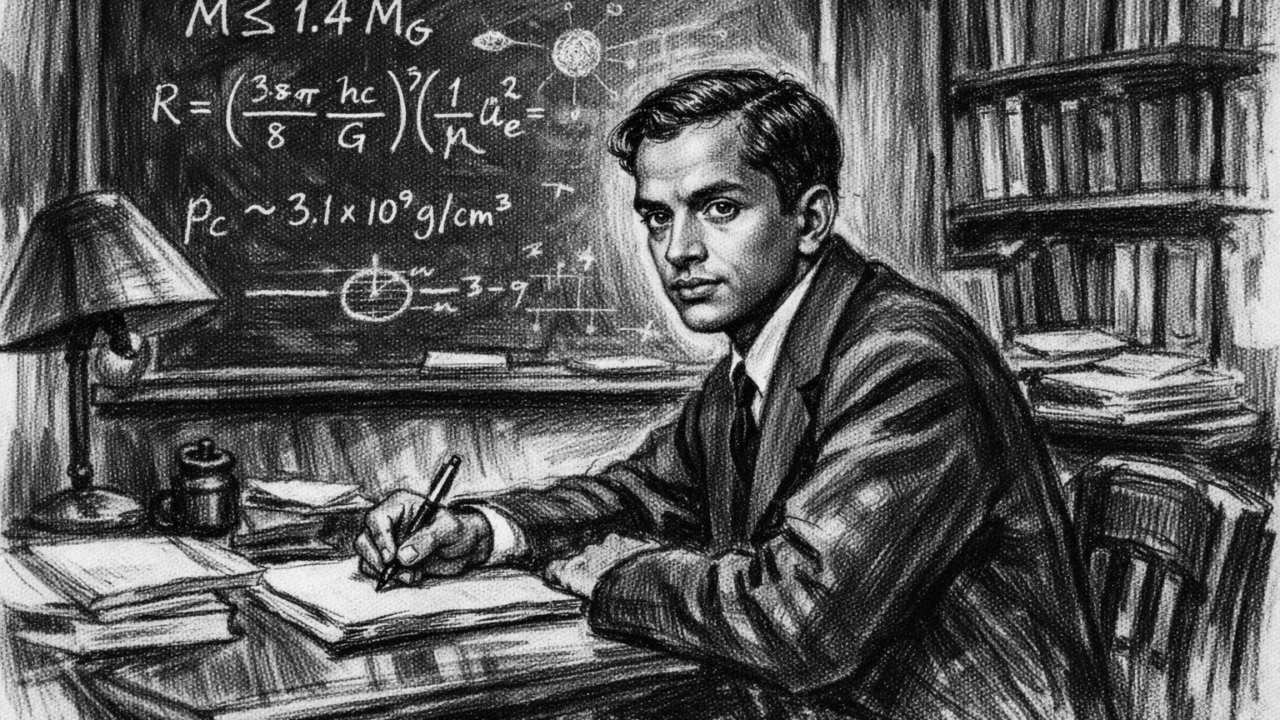 Subrahmanyan Chandrasekhar na Trinity Collegeu u Cambridgeu, prikazan u ugalj stilu.