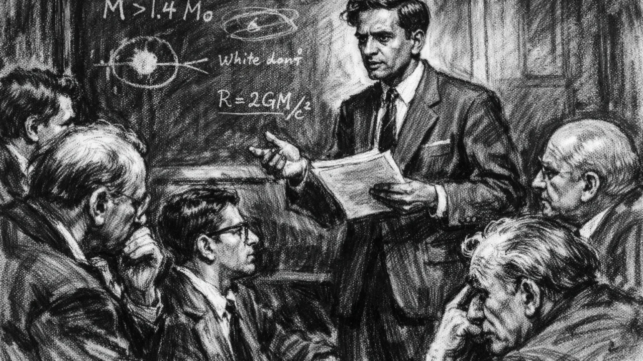 Chandrasekhar u znanstvenoj raspravi s kolegama, ilustracija u ugalj stilu.