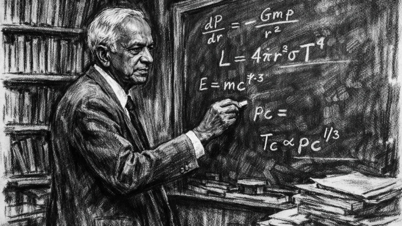 Iskusni Subrahmanyan Chandrasekhar na Sveučilištu u Chicagu, prikazan u ugalj stilu.