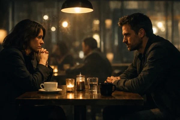 Fotorealistična scena dvoje ljudi u kafiću s napetim govorom tijela, simbol subteksta i skrivenih emocija u književnosti.