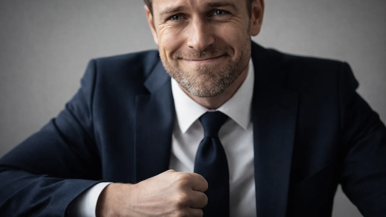 Detalj lika koji se smiješi dok stišće šaku, prikaz subteksta i potisnutog bijesa u književnim likovima.