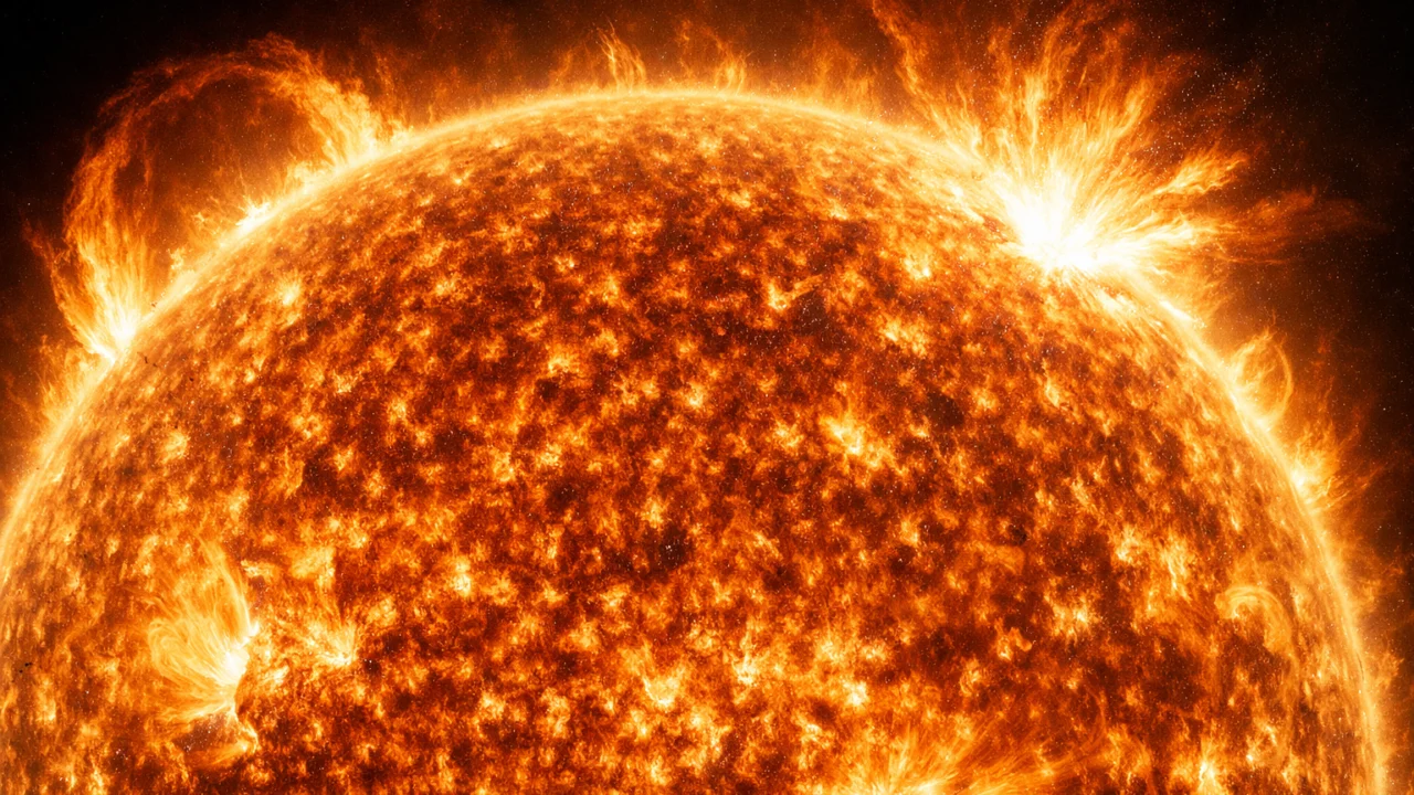 Detaljan prikaz površine Sunca s vidljivim solarnim bakljama i plazmom, naglašena dominantna uloga Sunca