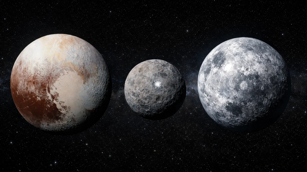 Prikaz patuljastih planeta Plutona, Ceresa i Erisa s naglašenim ledenim i kamenim površinama