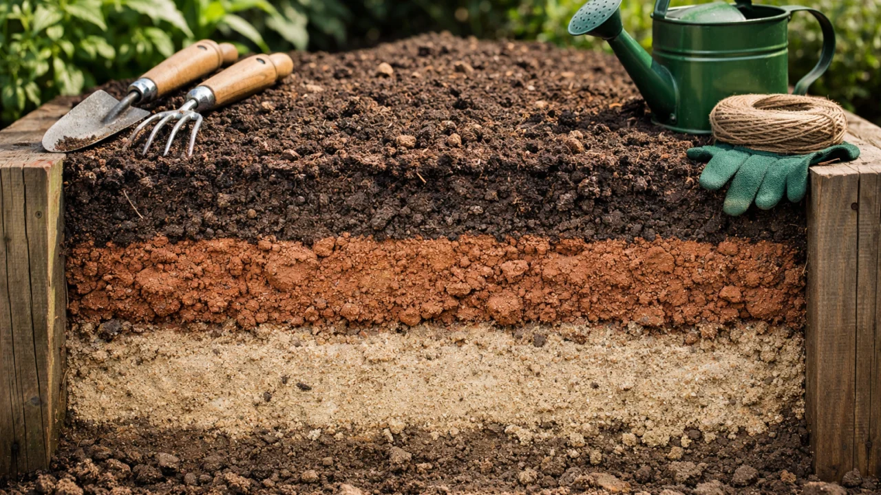 Vrtna zemlja u gredici s prirodnom strukturom gline i pijeska, prikladna za sadnju u vrtu