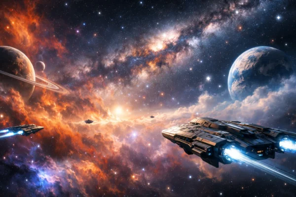 Epski široki prikaz svemirske opere s galaksijama, svemirskim brodovima i osjećajem avanture i putovanja