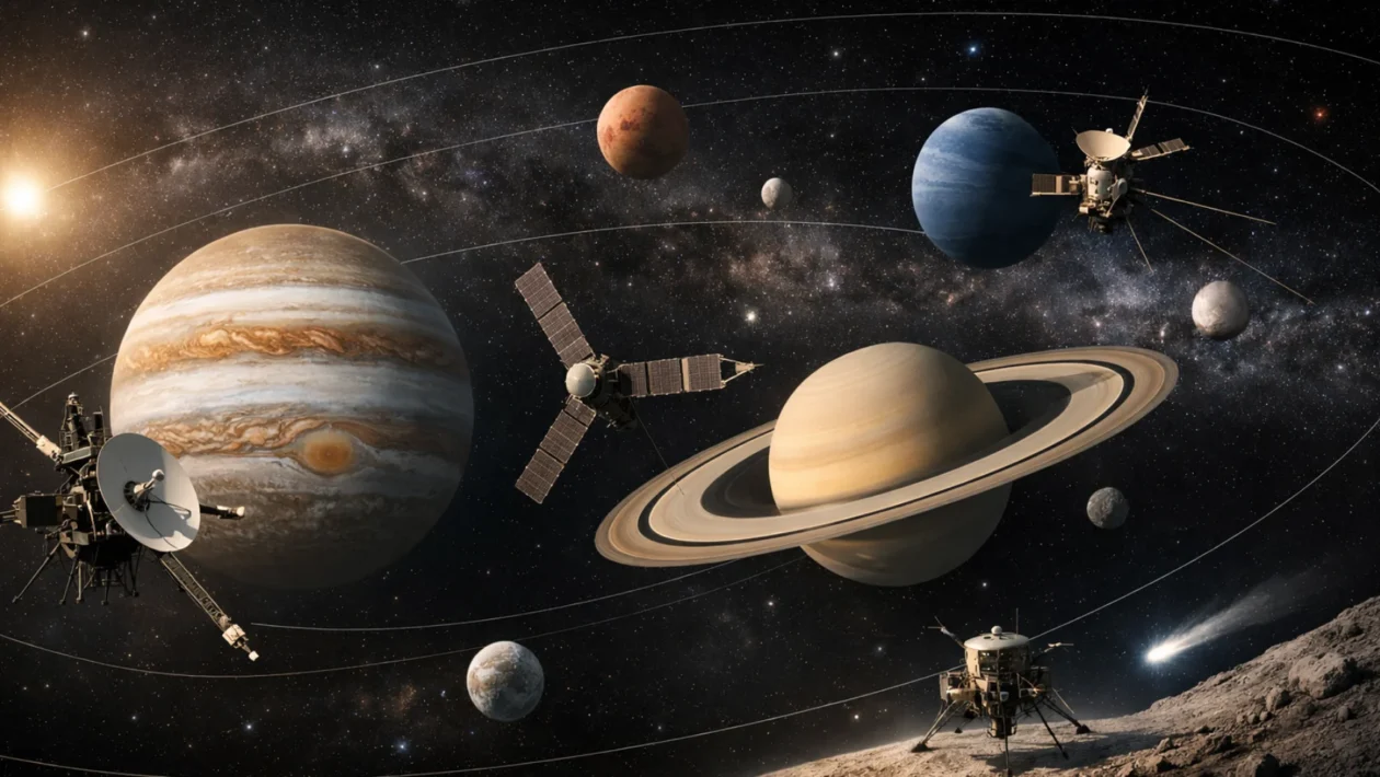 Svemirske sonde istražuju planete Sunčeva sustava, prikaz modernih misija i orbitalnih putanja