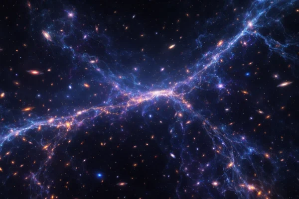 Vizualni prikaz ubrzanog širenja svemira s galaksijama koje se udaljavaju, simbol tamne energije