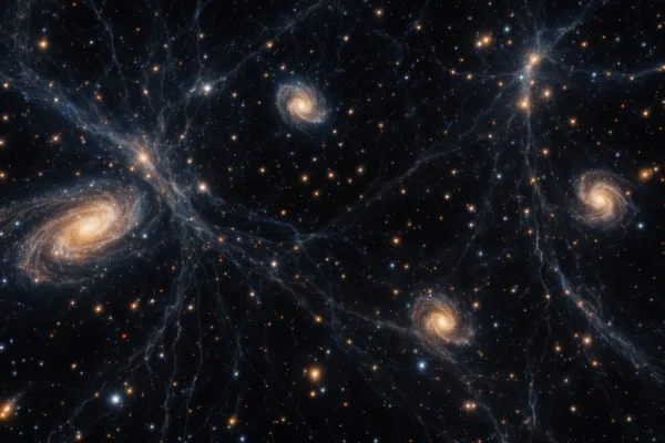 Vizualni prikaz tamne tvari u svemiru kroz gravitacijski utjecaj na galaksije i kozmičku strukturu