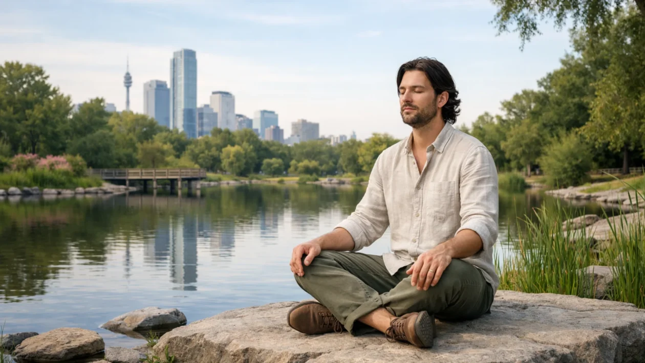 Osoba u mirnom okruženju koristi tehnike uzemljenja za smanjenje anksioznosti i vraćanje fokusa u sadašnji trenutak