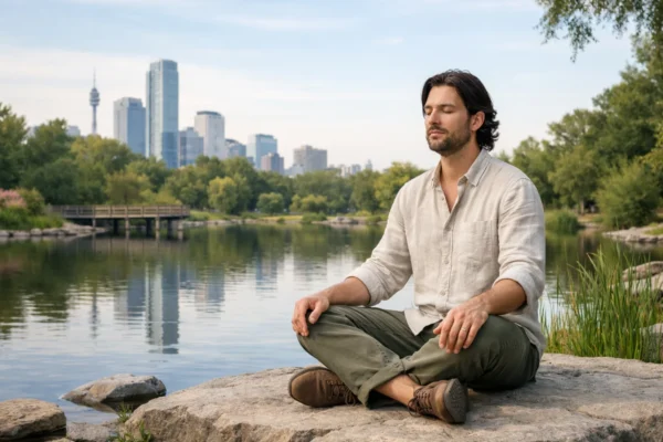 Osoba u mirnom okruženju koristi tehnike uzemljenja za smanjenje anksioznosti i vraćanje fokusa u sadašnji trenutak