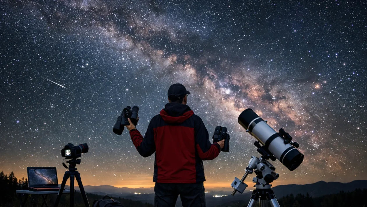 Teleskop i dvogled pod zvjezdanim nebom kao prikaz dileme izbora za promatranje svemira
