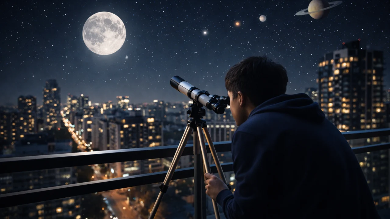 Početnik koristi teleskop na balkonu za promatranje Mjeseca i planeta