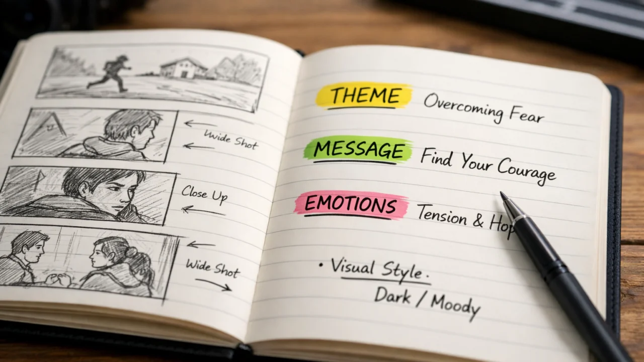 Bilježnica scenarista s prikazom planiranja filmske teme nasuprot konkretnoj radnji filma