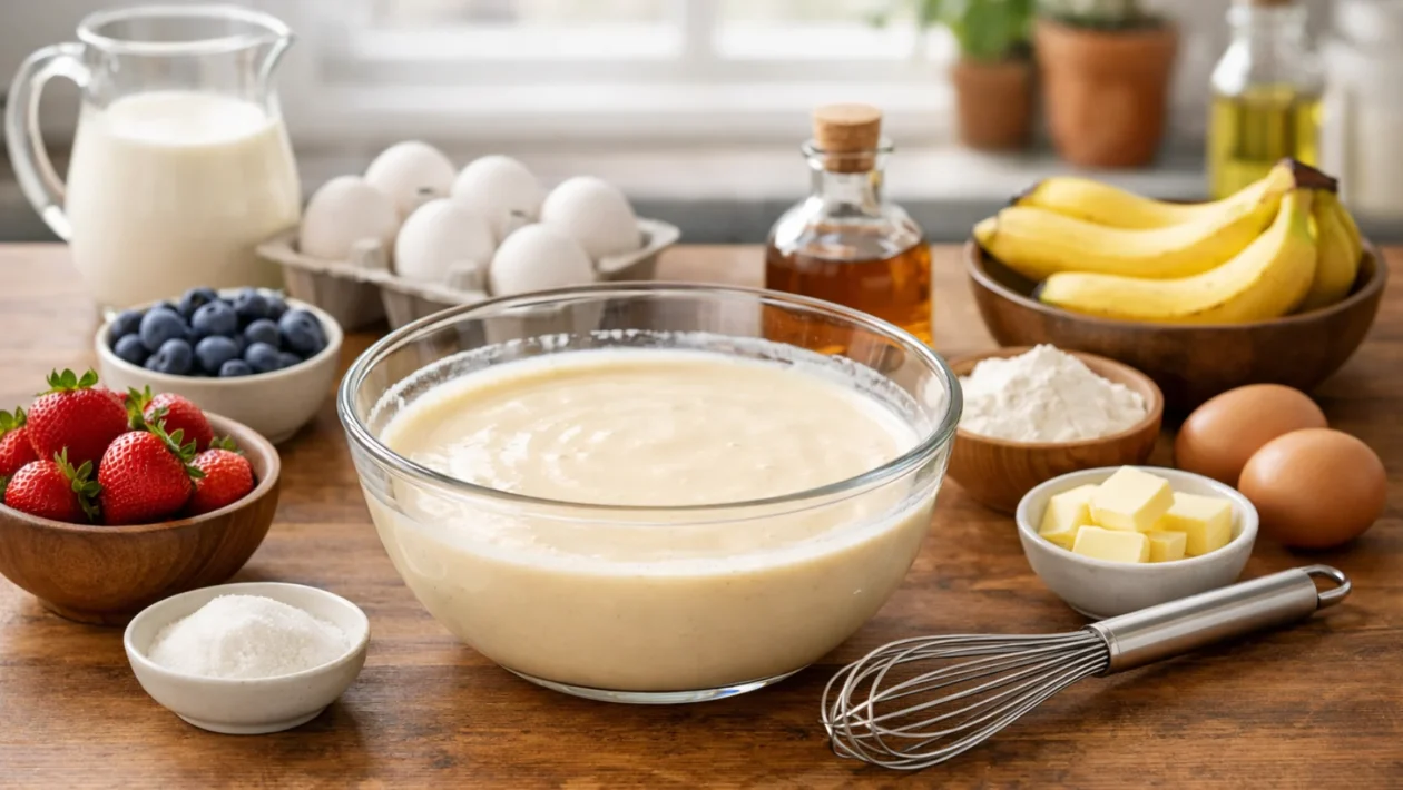 Glatko tijesto za palačinke bez grudica u zdjeli, pripremljeno s osnovnim sastojcima na kuhinjskom pultu