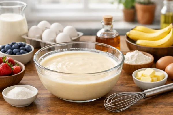 Glatko tijesto za palačinke bez grudica u zdjeli, pripremljeno s osnovnim sastojcima na kuhinjskom pultu