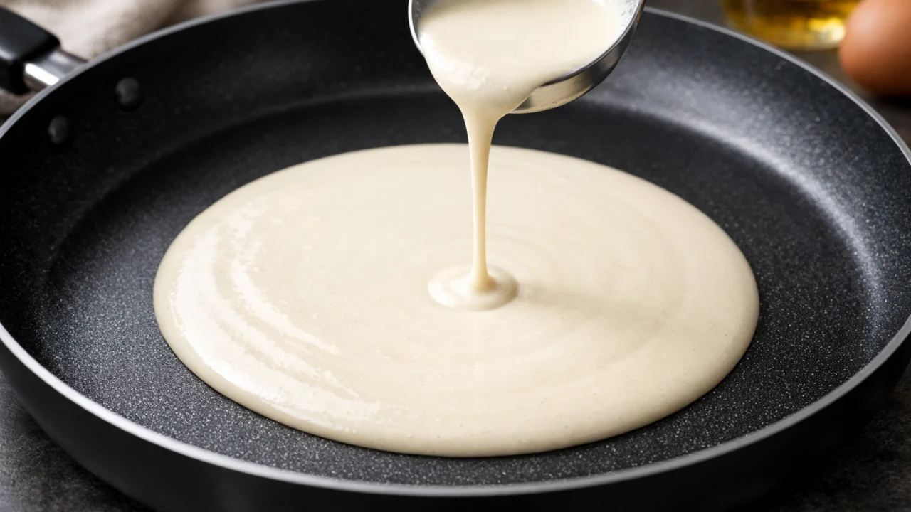 Glatko tijesto za palačinke koje se ravnomjerno izlijeva na zagrijanu tavu