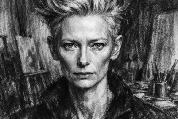 Portret Tilde Swinton u ugalj stil crtežu, crno-bijeli izrazito kontrastni portret s naglašenim crtama lica.