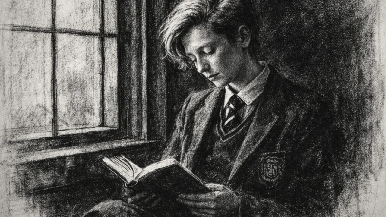 Tilda Swinton u mladosti u internatu, prikazana u ugalj stil crtežu s knjigom i tihom atmosferom.