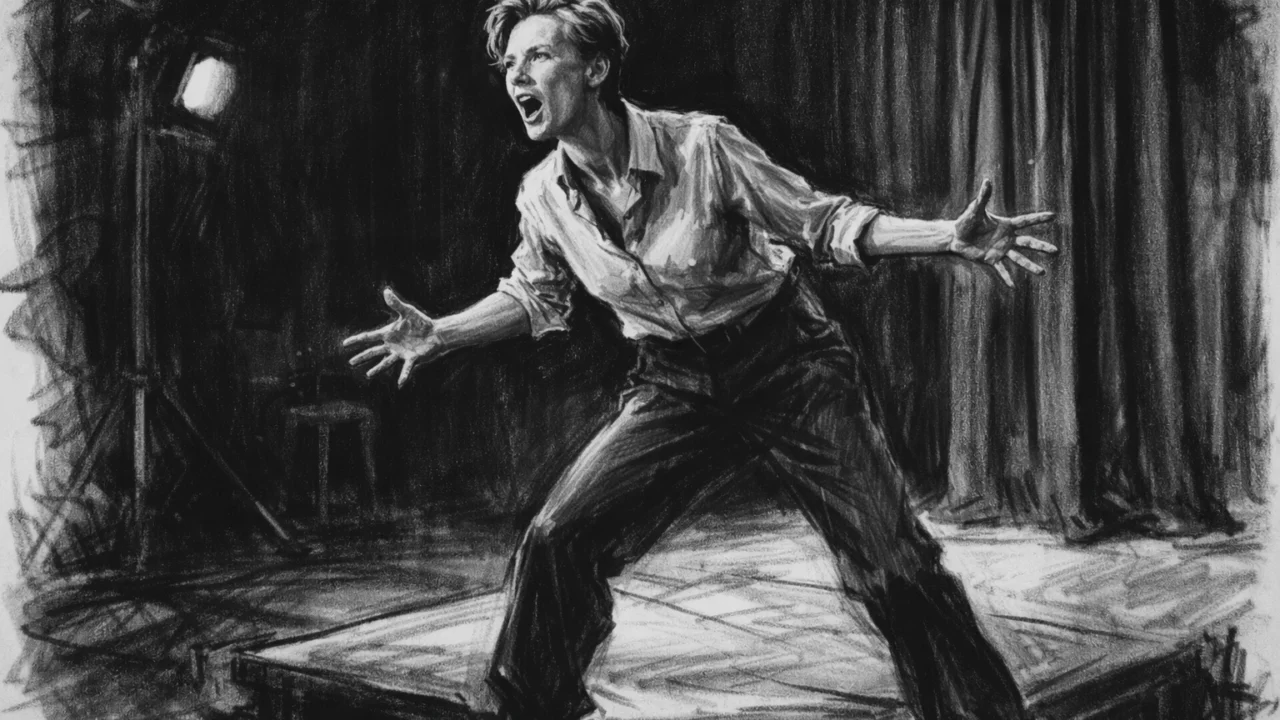 Tilda Swinton tijekom studija u Cambridgeu u kazališnoj sceni, nacrtana u ugalj stil crtežu.