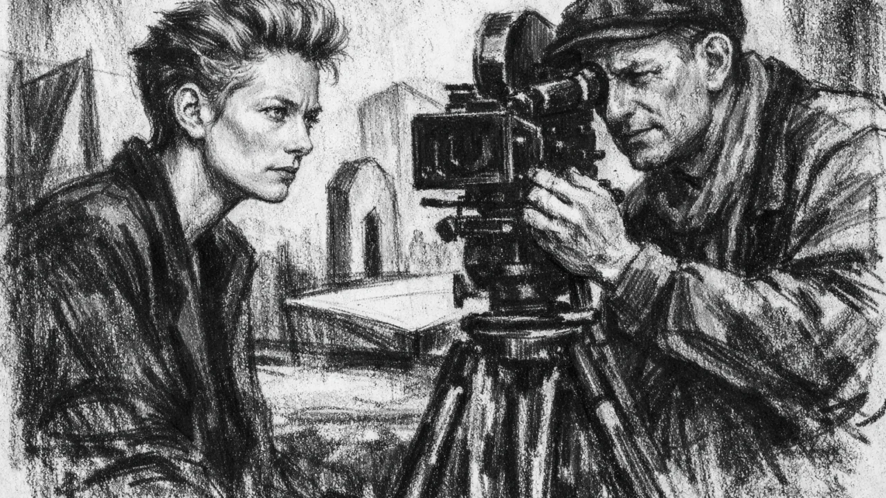 Tilda Swinton na početku filmske karijere s Derekom Jarmanom, prikazana u ugalj stil crtežu.