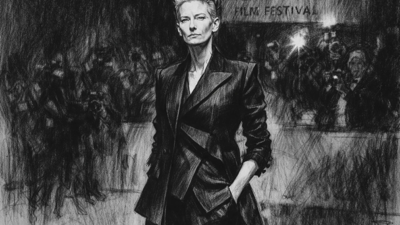 Tilda Swinton kao priznata glumica na filmskom festivalu, nacrtana u ugalj stil crno-bijeloj ilustraciji.