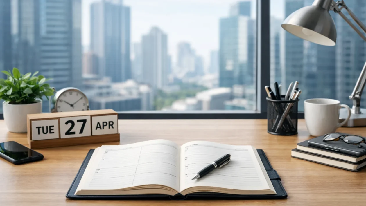 Time blocking metoda planiranja dana prikazana kroz moderan ured, kalendar s jasno definiranim vremenskim blokovima