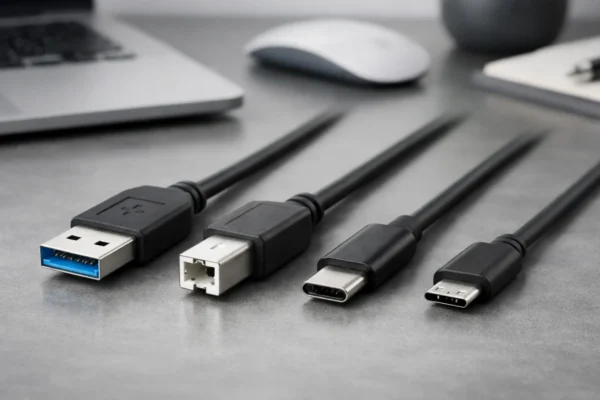 Različiti tipovi USB kabela USB-A, USB-B, USB-C i Micro USB prikazani zajedno u usporedbi dizajna i namjene