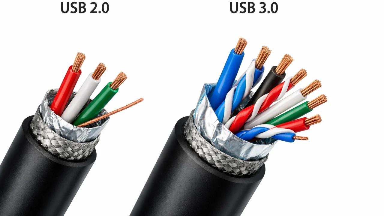 Unutarnja struktura USB kabela koja pokazuje razliku između USB 2.0 i USB 3.0 standarda prijenosa podataka