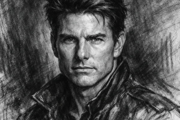 Portret Toma Cruisea u ugalj stilu, crno-bijeli portret s izraženim linijama i snažnim kontrastom