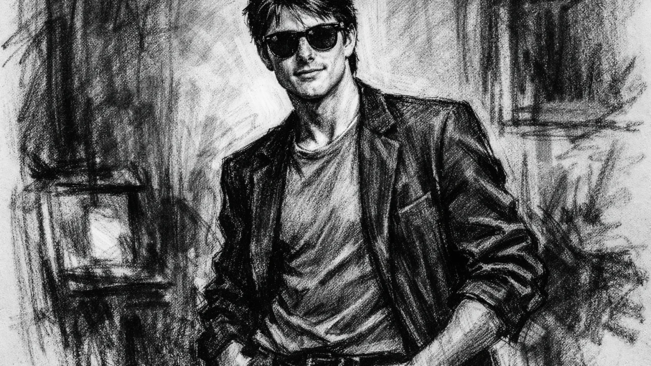 Tom Cruise u razdoblju filma Risky Business, crno-bijeli crtež u ugalj stilu