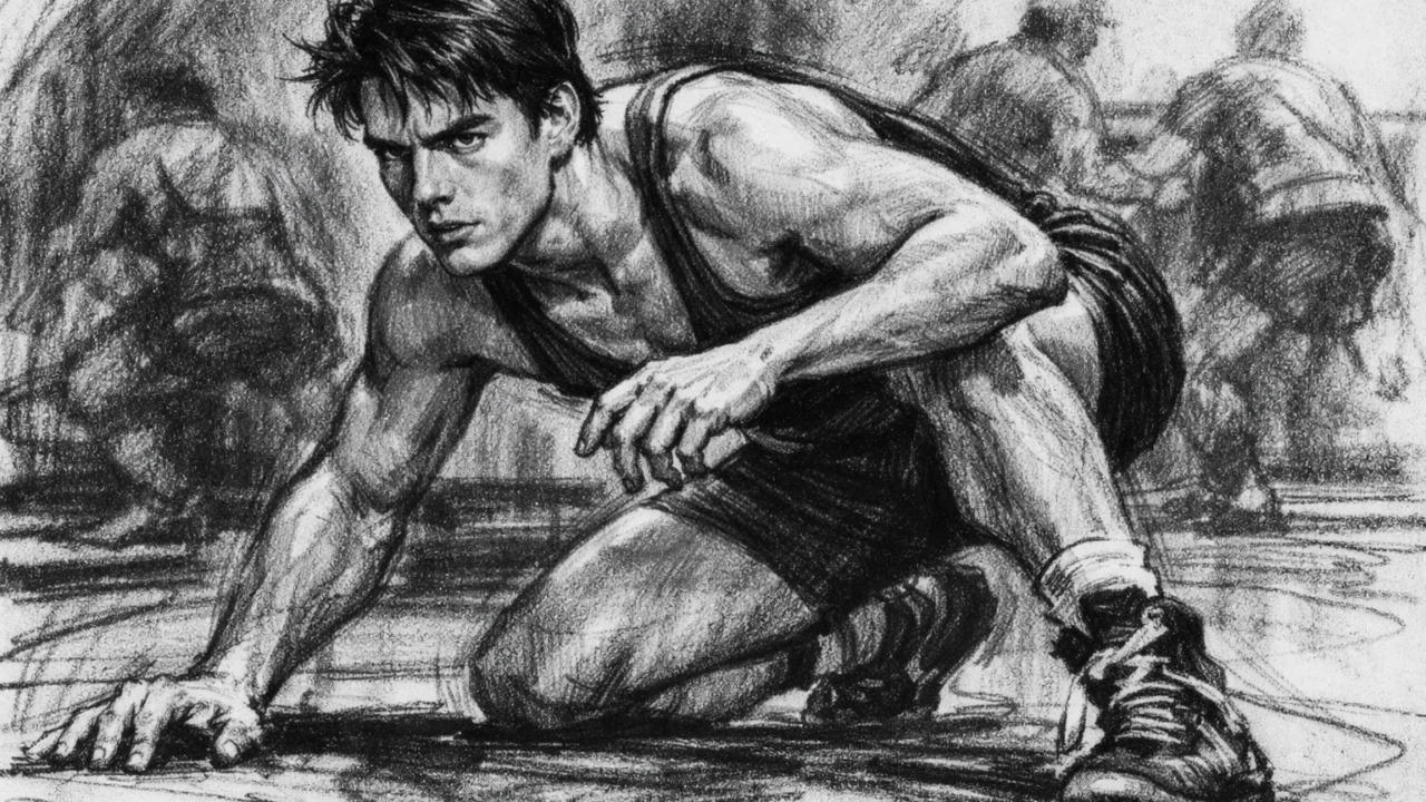 Tom Cruise kao mladi sportaš prije glumačke karijere, prikaz u ugalj stilu s dinamikom pokreta