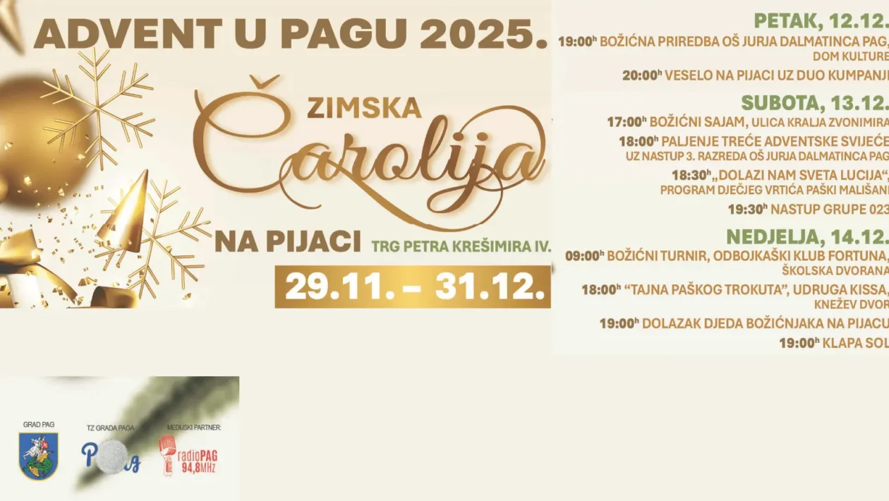 Treći adventski vikend u Pagu s božićnim sajmom, koncertima i dolaskom Djeda Božićnjaka