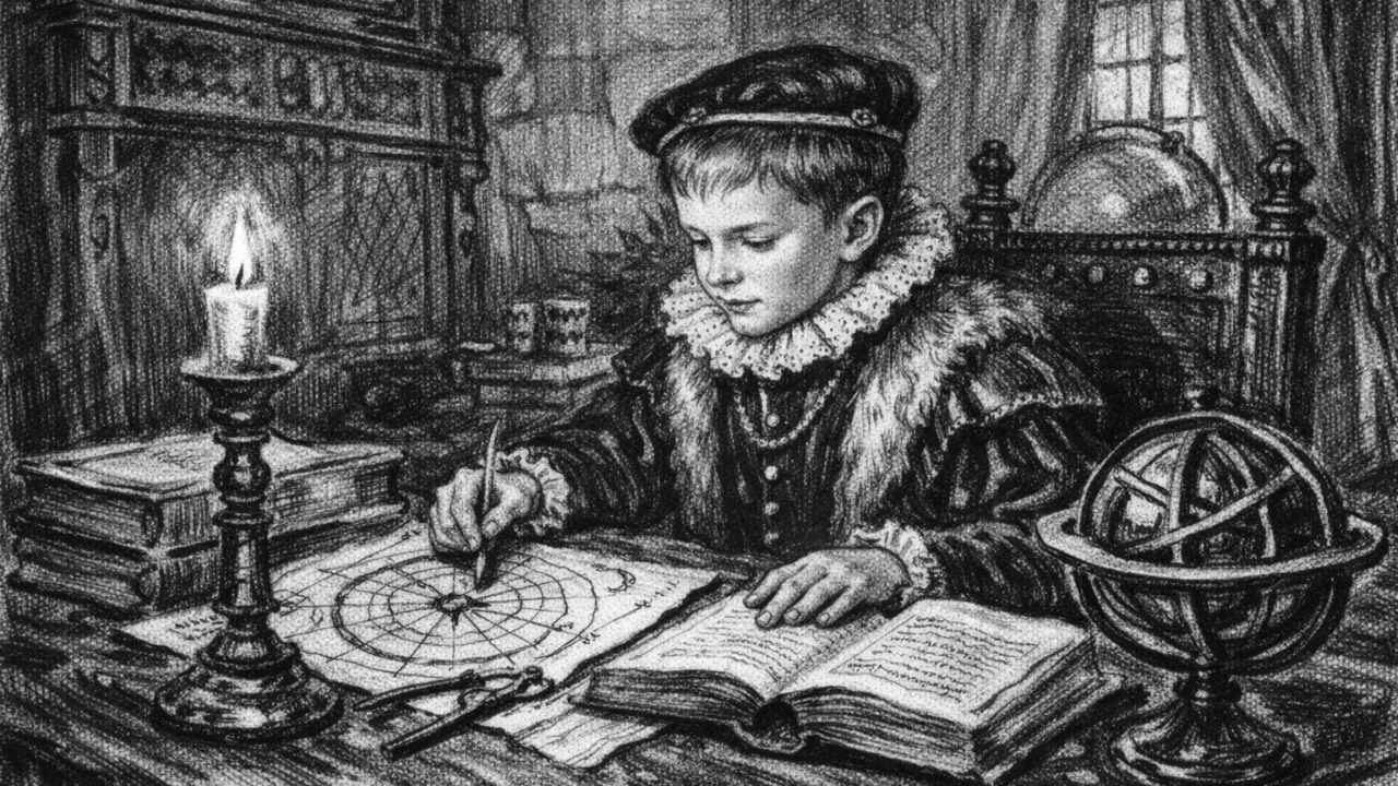 Mladi Tycho Brahe u dvorcu Knutstorp prikazan u ugalj stilu, scena ranog obrazovanja u plemićkom okruženju.