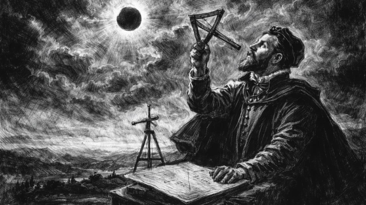 Tycho Brahe promatra pomrčinu Sunca 1560. godine u ugalj stilu, snažan crno-bijeli prikaz ključnog znanstvenog trenutka.