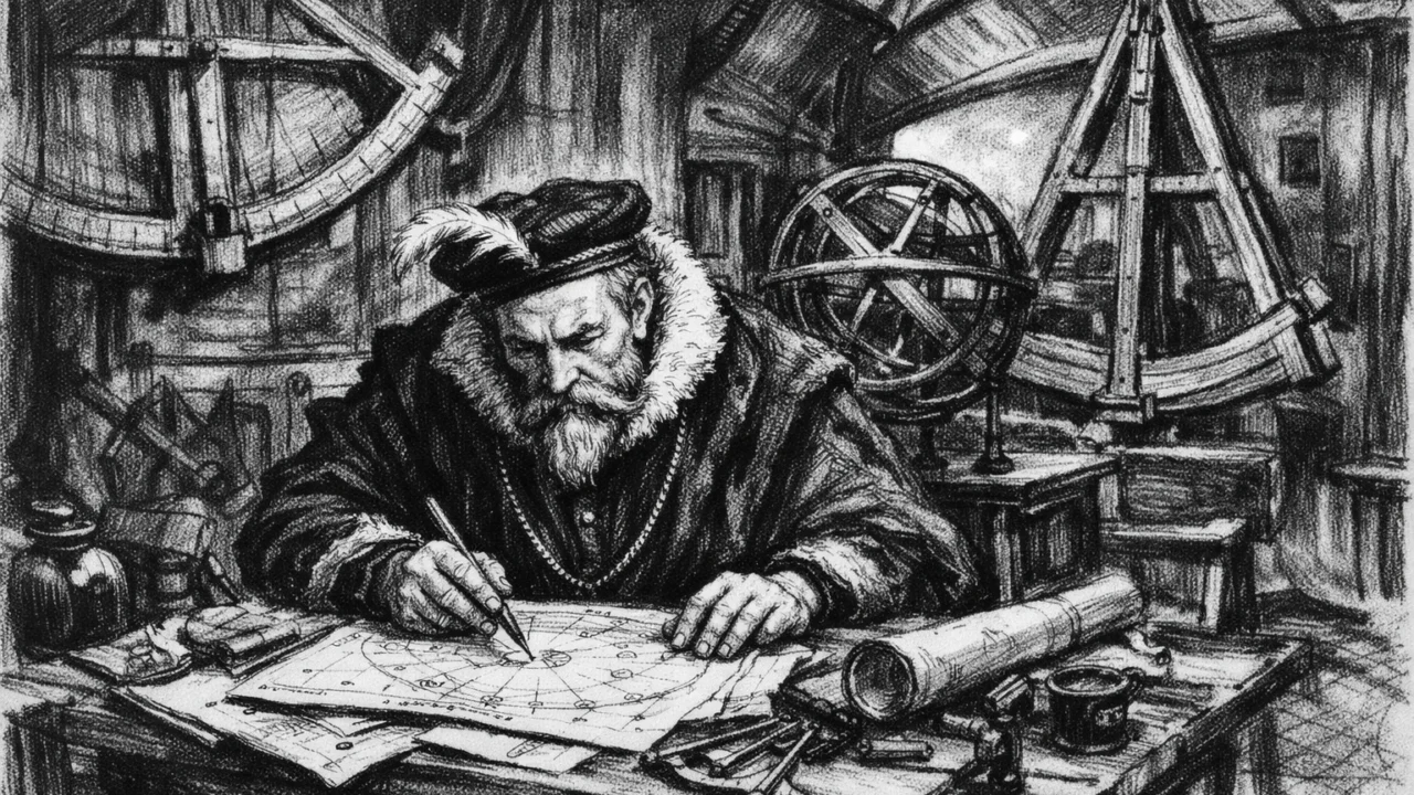 Tycho Brahe u svom opservatoriju na otoku Hvenu u ugalj stilu, crno-bijeli prikaz znanstvenog rada.