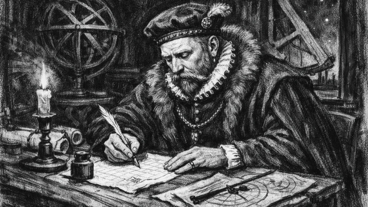 Tycho Brahe bilježi astronomska opažanja u ugalj stilu, detaljan crno-bijeli crtež znanstvenog procesa.