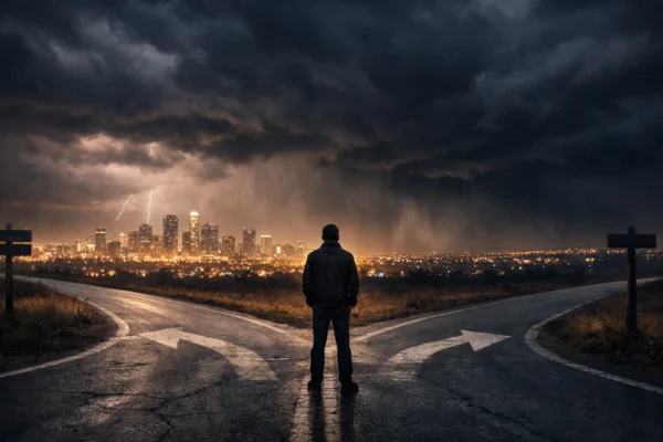 Vizualni prikaz unutarnjeg i vanjskog konflikta u priči kroz lik na raskrižju, simbol napetosti i izbora