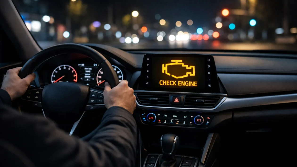 Upaljena check engine lampica na instrument ploči automobila tijekom vožnje, simbol upozorenja na mogući kvar motora