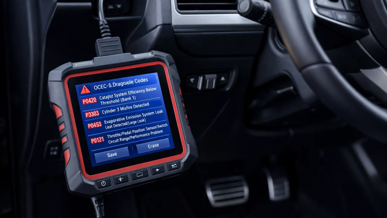 OBD-II dijagnostički uređaj spojen na automobil za očitavanje grešaka koje uzrokuju upaljenu check engine lampicu