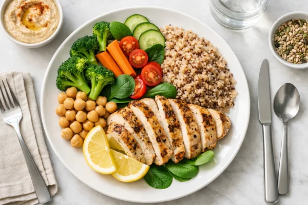 Uravnoteženi tanjur s povrćem, cjelovitim žitaricama i proteinima kao primjer zdrave prehrane bez dijeta